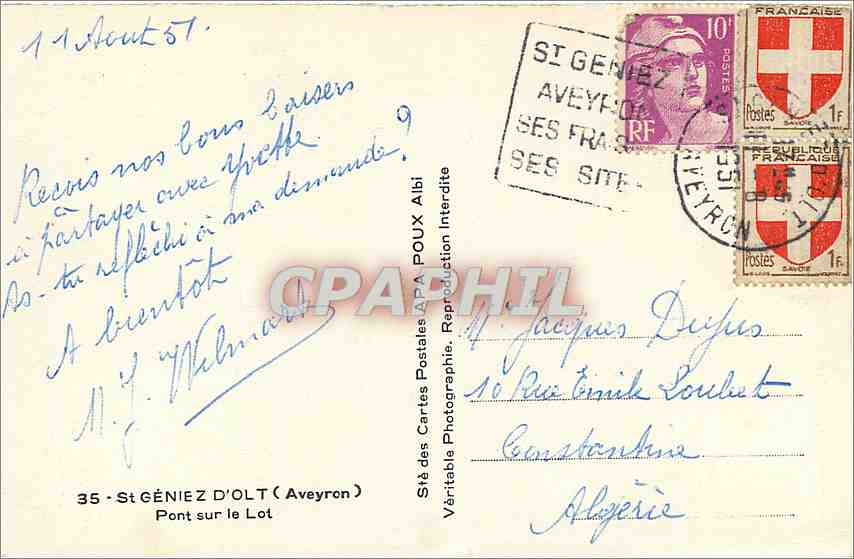 CPM St Geniez d'Olt (Aveyron) Pont sur le Lot — Rückseite