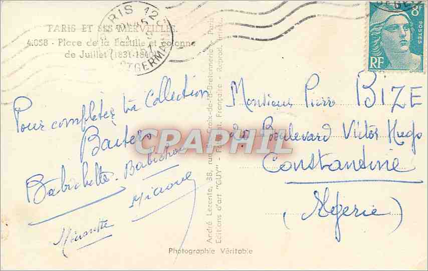 CPM Paris Place d la Bastille et colonne de Juillet — Verso