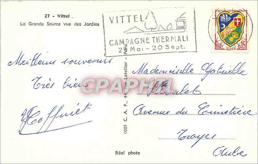 CPM Vittel La Grande Source vue des Jardins — Verso