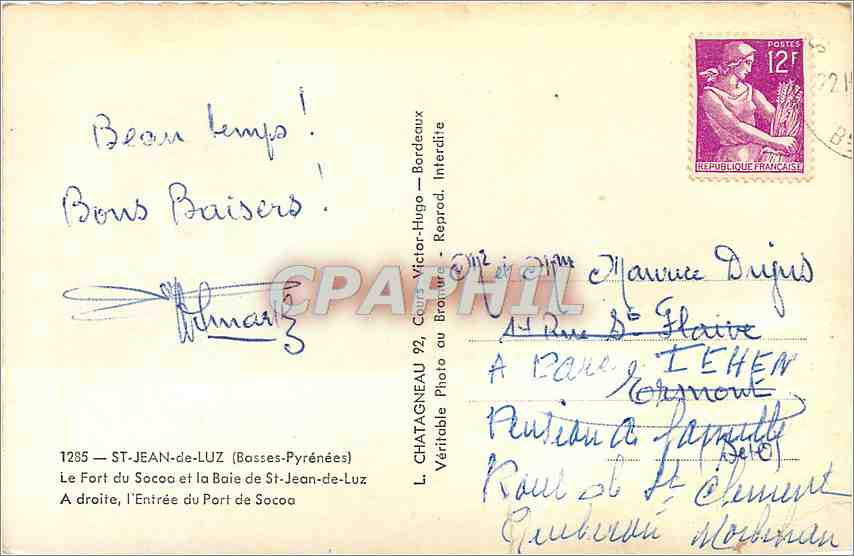 CPM St Jean de Luz (Basses Pyrenees) Le Fort du Socoa et la Baie de St Jean de Luz a droite l'Entree — Verso