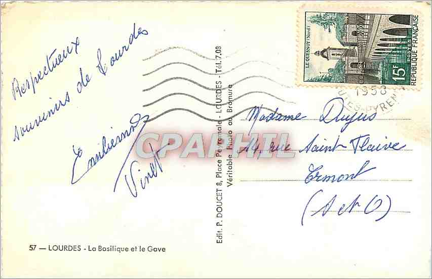CPM Lourdes La Basilique et le Gave — Verso