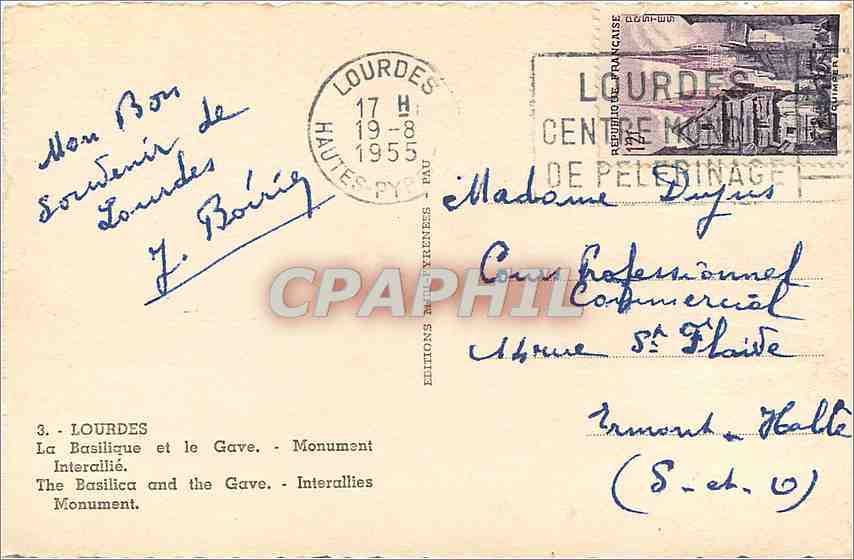 CPM Lourdes La Basilique et le Gave Monument Interallie — Verso