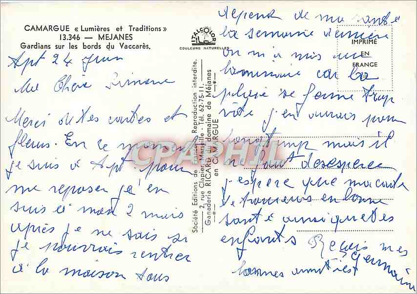 Gardiens sur les bords du V accarès — Camargue — Éditions Couleurs Naturelles, n° 13.346 — Reverso