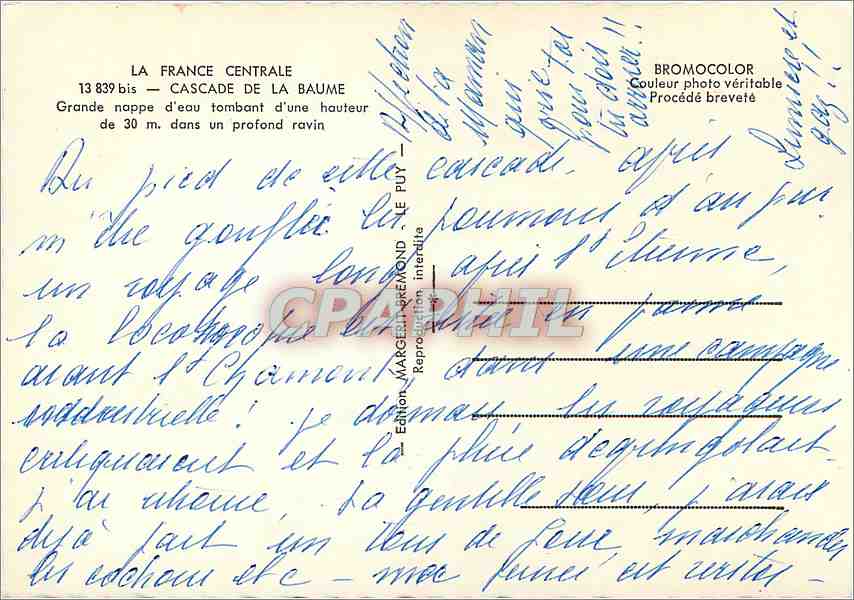 CPM La France Centrale Cascade de la Braume Grande nappe d'eau tombant d'une hauteur de 30 m dans un — Back