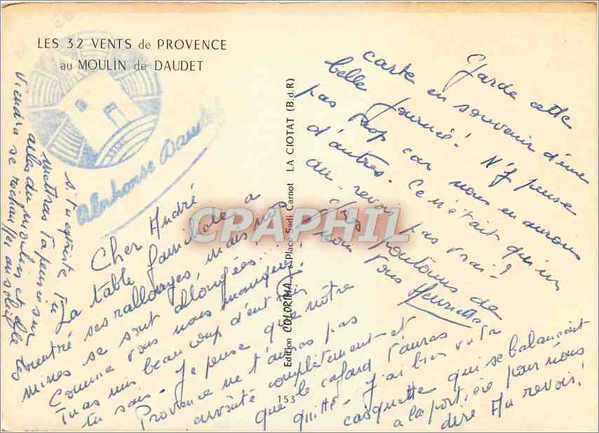 CPM Les 32 vents de Provence au Moulin de Daudet Ane Mule Chevre — Verso