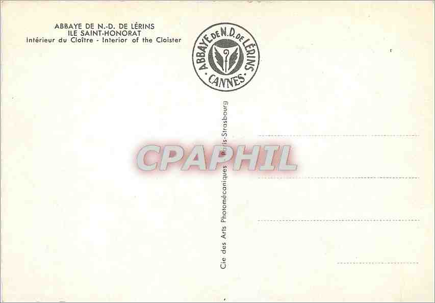 CPM Abbaye de N D de Lerins Ile Saint Honorat Interieur du Cloitre — Verso