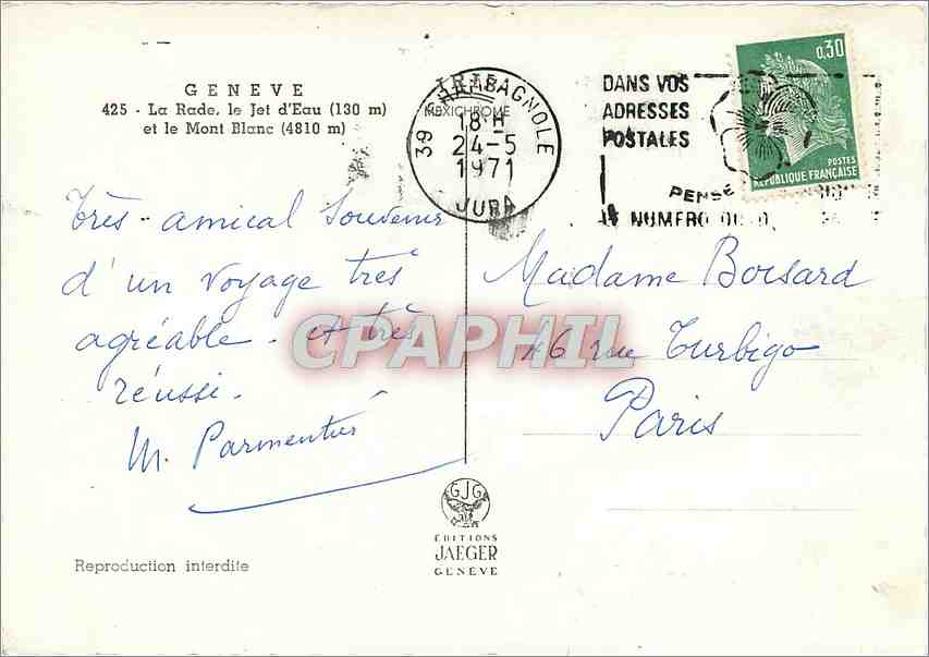 CPM Geneve La Rade le jet d'eau (130 m) et le Mont Blanc (4810 m) Bateau — Verso
