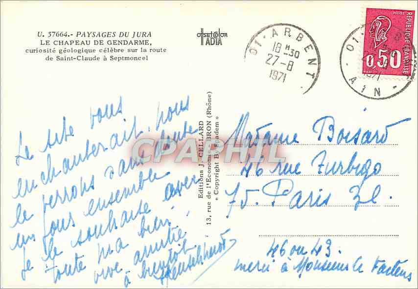 Le Chapeau de Gendarme — paysage avec cascade — Éditions J. Cellard, n° U. 57664 — Reverso