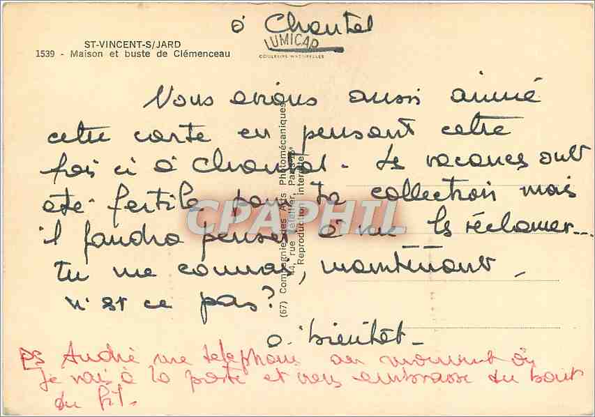 CPM Saint Vincent sur Jard Maison et buste de Clemenceau — Rückseite