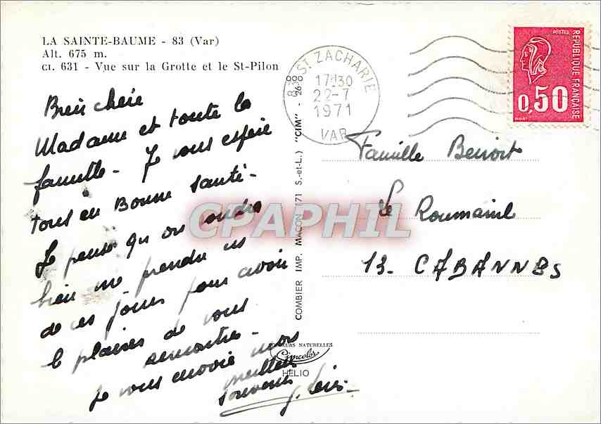 CPM La Sainte Baume (Var) alt 675 m vue sur la Grotte et le St pILON — Verso