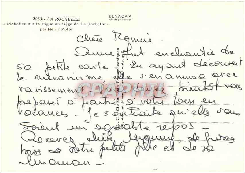 CPM La Rochelle Riche lieu sur la digue au siege de la Rochelle par Henri Motte — Verso