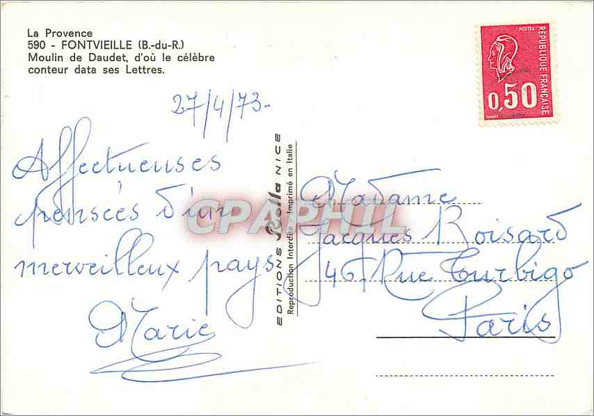 CPM La Provence Fontvieille (B du R) Moulin de Daudet d'ou le celebre conteur data ses lettres — Rückseite