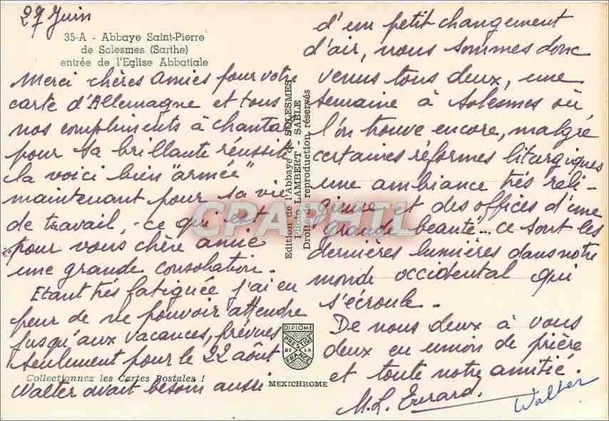 CPM Abbaye Saint Pierre de Solesmes (Sarthe) entree de l'Eglise Abbatiale — Verso