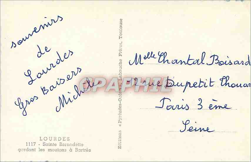 CPM Lourdes Sainte Bernadette gardant les moutons a Bartres — Verso