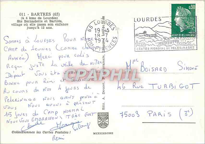CPM Sainte Bernadette Soubirous Bartres — Verso