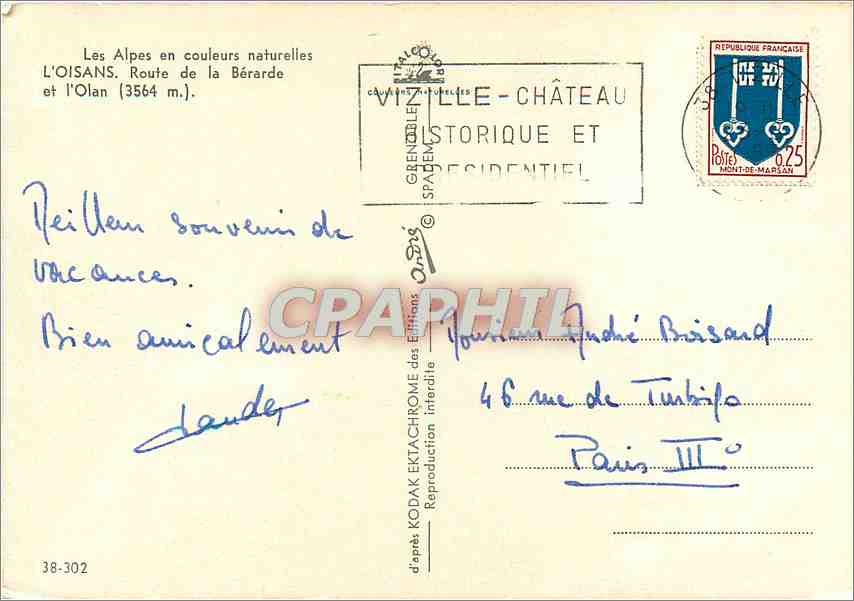 L'Oisans — Route de la Bérarde — éditeur CPAPHIL n°38-302 — Verso