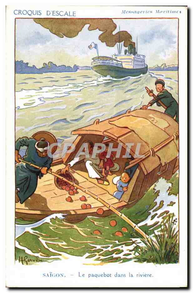 Croquis D'escale-Fantaisie- Vietnam-Saigon- Le paquebot dans la riviere- CPA Gervese Illustrateur