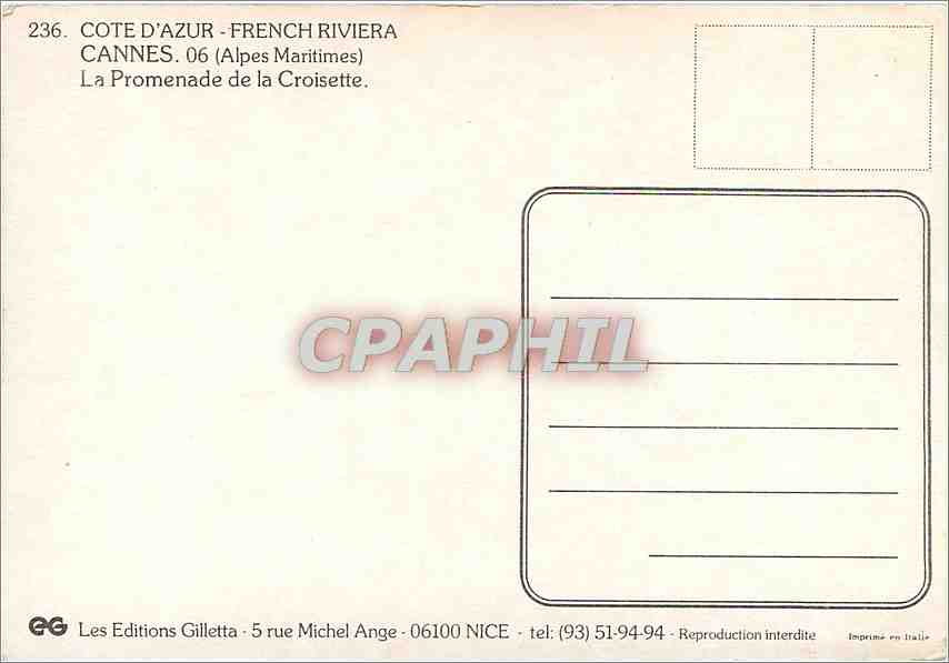 CPM Cote d'Azur French Riviera Cannes (Alpes Mmes) La Promenade de la Croisette — Rückseite