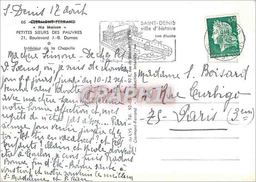 CPM Clermond Ferrand Ma maison Boulevard J B Dulas Interieur de la chapelle — Verso