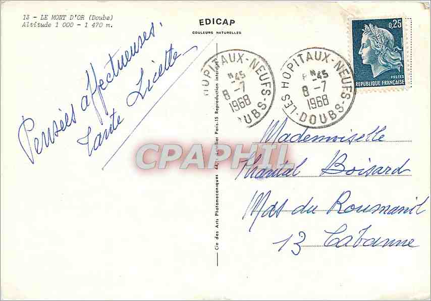 CPM Le Mont d'Or (Doubs) Alt 1000 1470 m — Back