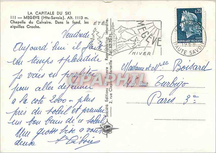 CPM La Capitale du Ski Megeve (Hte Savoe) alt 1113 m chapelle du Calvaire dans le fond les aiguilles — Rückseite