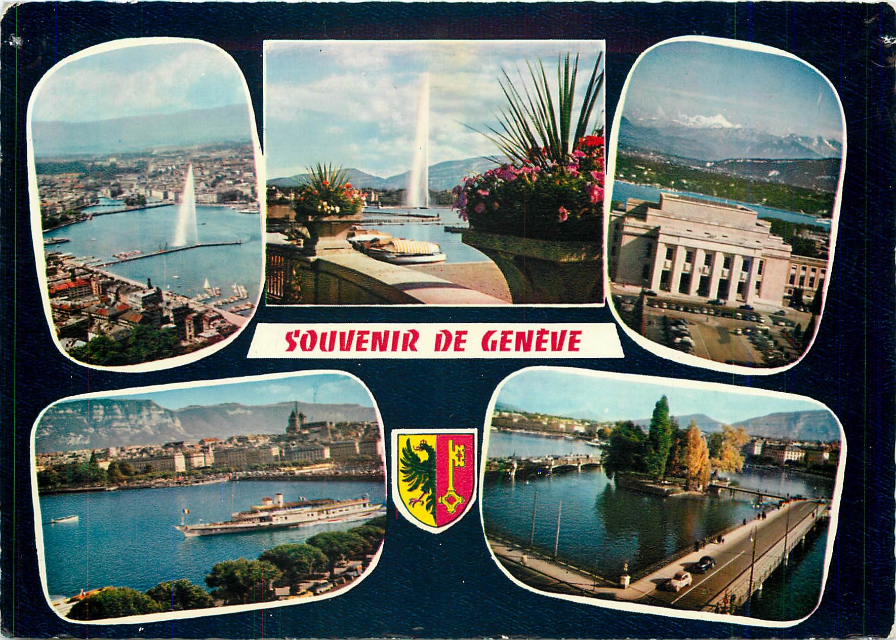 CPM Geneve Vue aerienne Le jet d'eau Le palais des Nations La rade L'ile JJ Rousseau