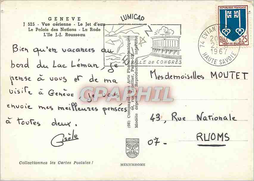 CPM Geneve Vue aerienne Le jet d'eau Le palais des Nations La rade L'ile JJ Rousseau — Verso