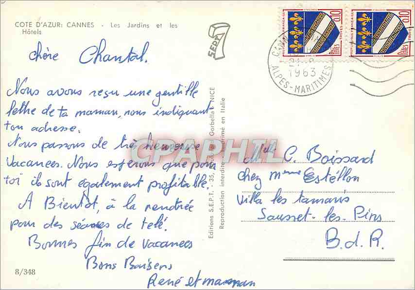 CPM Cannes Les jardins et les hotels — Verso