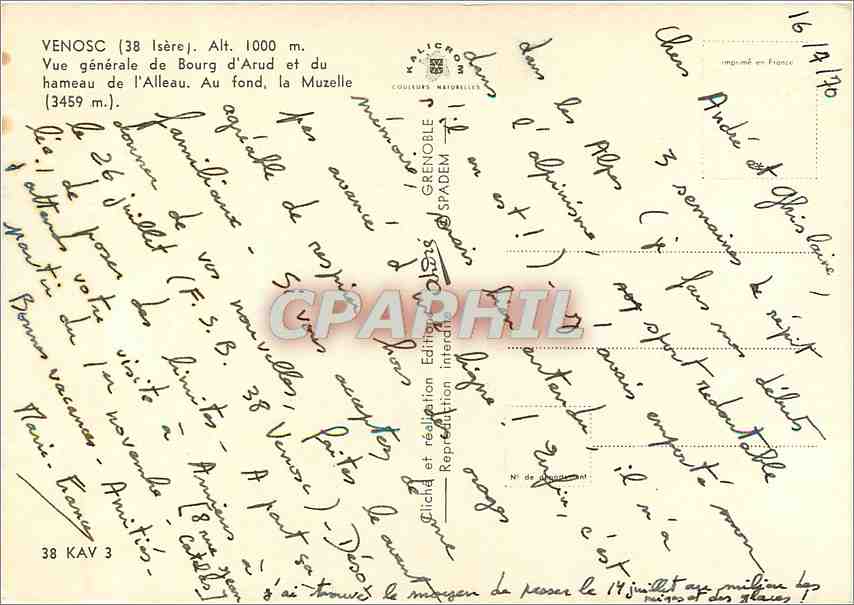 Vénosc (38) — Vue générale de Bourg d'Arud, la Muzelle (3459 m) et le hameau de l'Alleau — Édition Grenoble — Verso