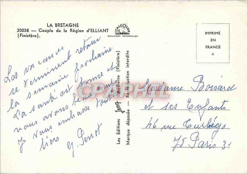 CPM La Bretagne Couple de la region d'Elliant Folklore — Back