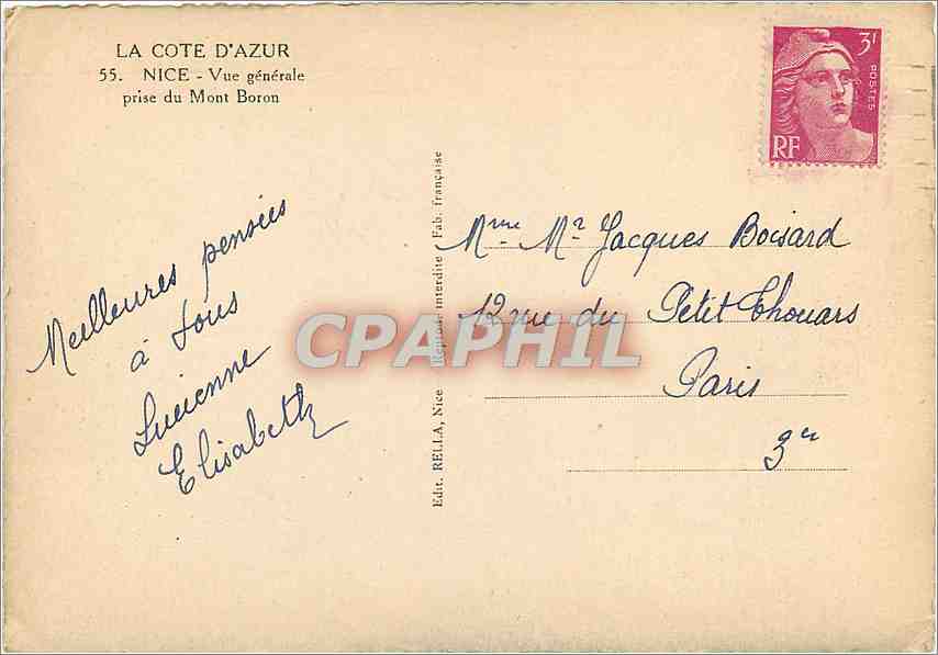 CPM La Cote d'Azur Nice Vue generale prsie du Mont Boron — Rückseite