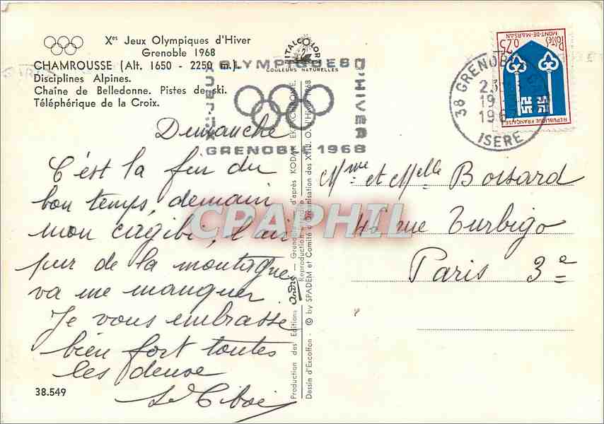 CPM Chamrousse (Alt 1650 2250 m) Discipllines Alpines Grenoble 1968 Jeux Olympiques Olympic Games — Rückseite