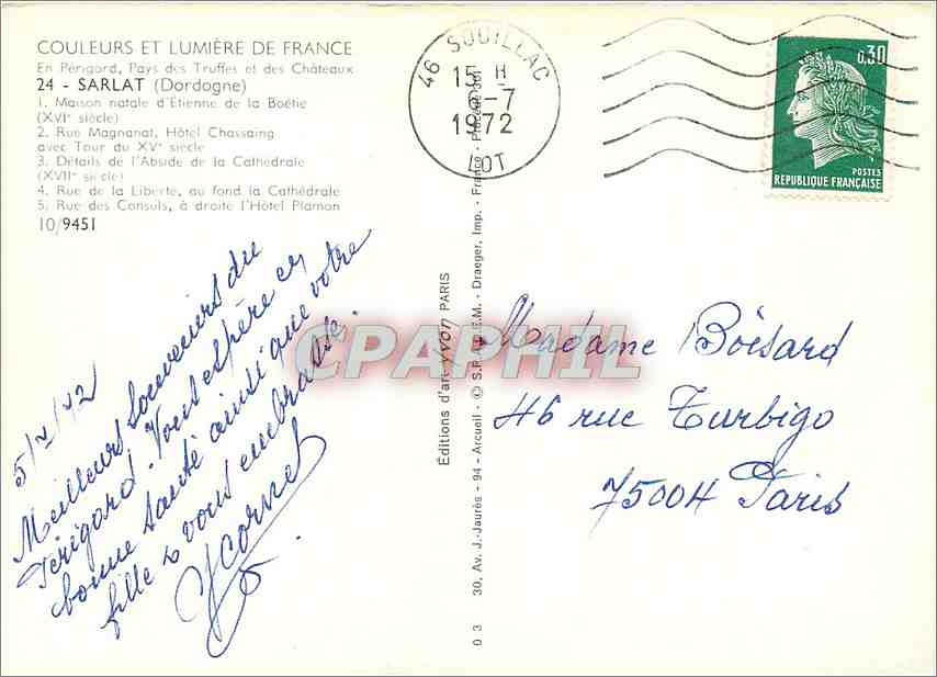 CPM En Perigord Pays des Truiffes et des Chateau Sarlat (Dordogne) Maison natale d'Etienne de la Boe — Rückseite