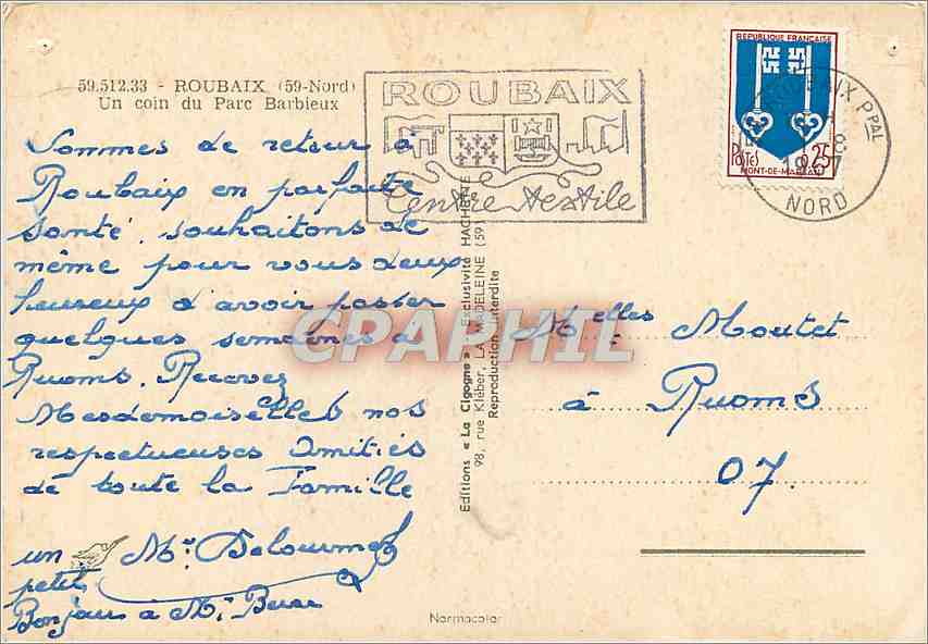 CPM Roubaix (Nord) Un coin du Parc Barbieux — Rückseite