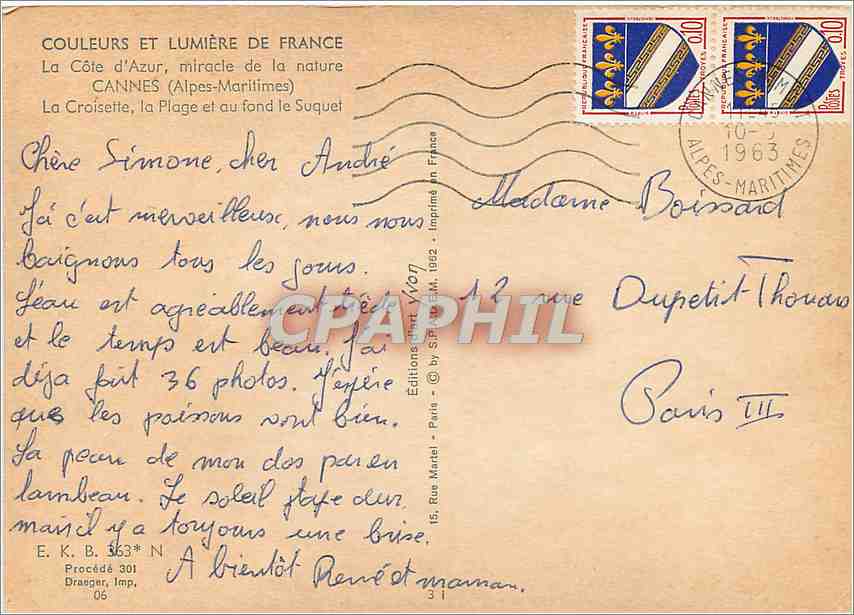 CPM La Cote d'Azur miracle de la nature Cannes (A Mmes) La Croisette La Plage au fond le Suquet — Rückseite