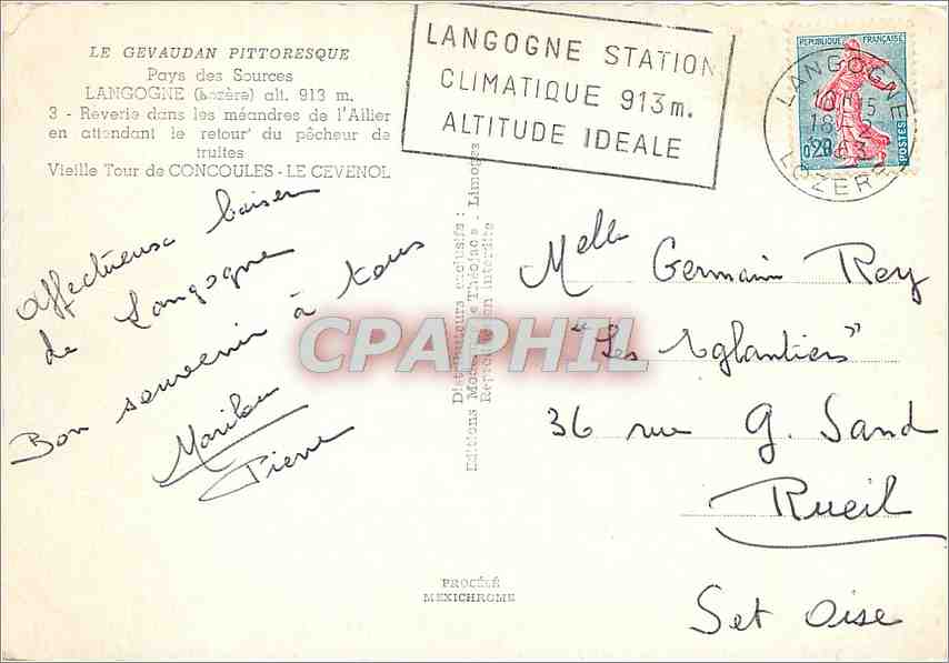 CPM Le Gevaudan Pittoresque Pays des Sources Lamgogne alt 913 m reverie dans les meandres de l'Allie — Rückseite