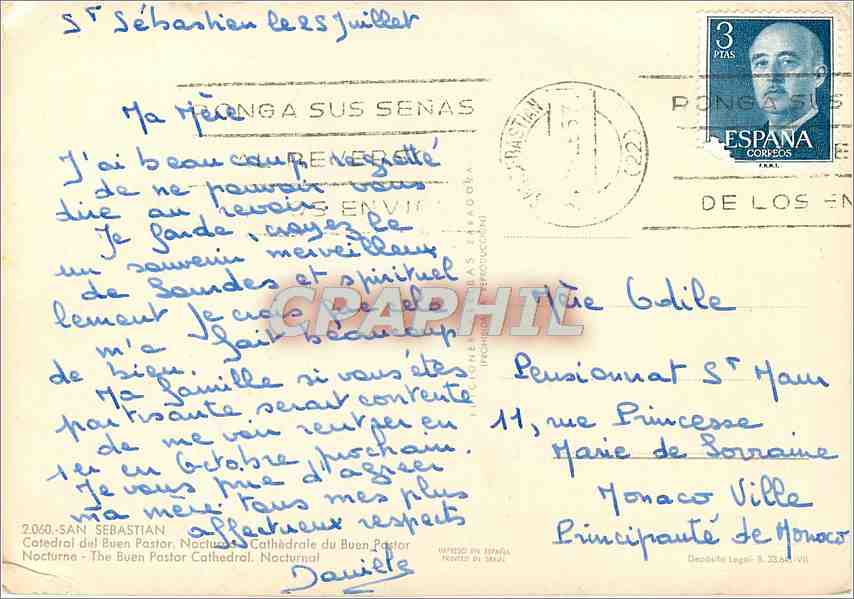 CPM San Sebastien The buen Pastor cathedrale Nocturnal — Back