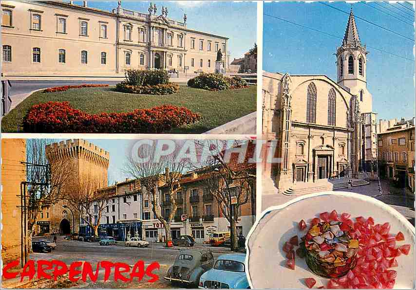 Carpentras — vue de la cathédrale, du château et d'un plat local — Éditions Guillard, n° 61973