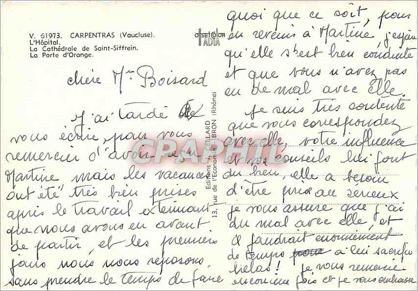 Carpentras — vue de la cathédrale, du château et d'un plat local — Éditions Guillard, n° 61973 — Back