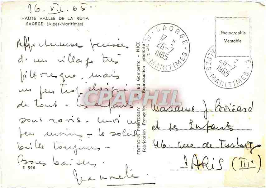 CPM Haute Vallee de la Roya Saorge (Alpes Mmes) — Rückseite