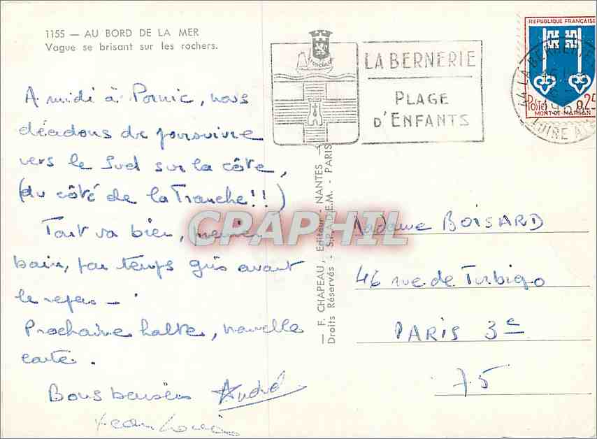 Vague se brisant sur les rochers — 1155 — La Bernerie — Éditeur F. Chapeau, Nantes — Rückseite