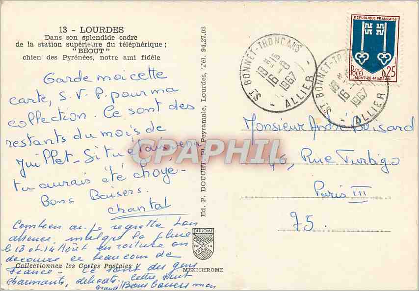 CPM Lourdes Dans son Slendide cadre de la Station superieur du teleppherique Beout Chien — Verso