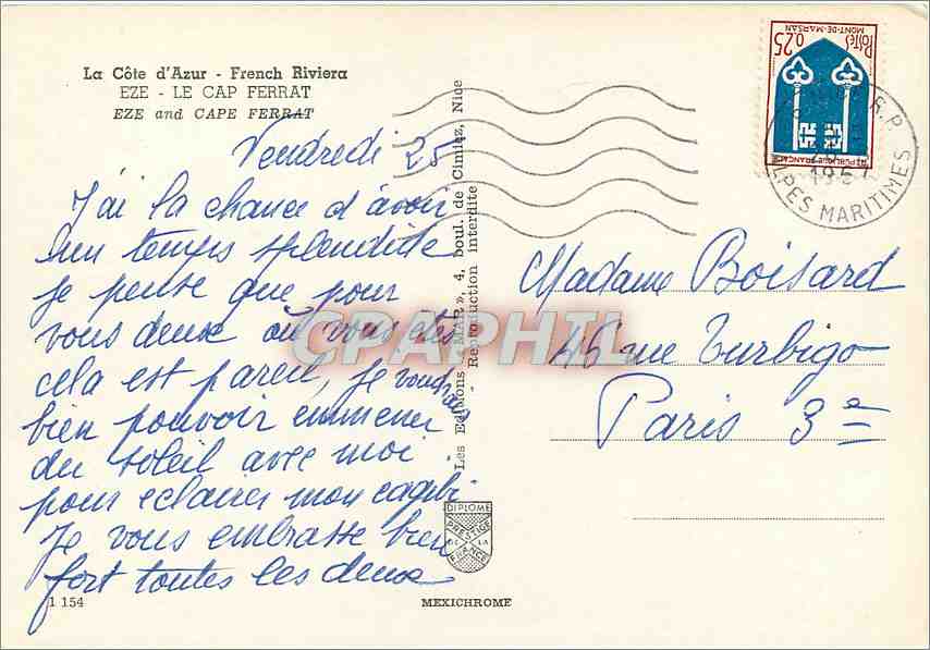 CPM Cote d'Azur Franch Riviera Eze le Cap Ferrat — Verso