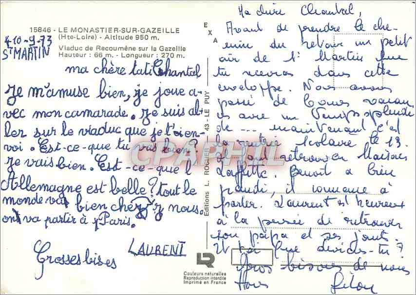 CPM Le Monastier sur Gazeille (Hte Loire) Alt 950 m Viaduc de Recoumene sur la Gazellz Haut 66 m Lon — Rückseite