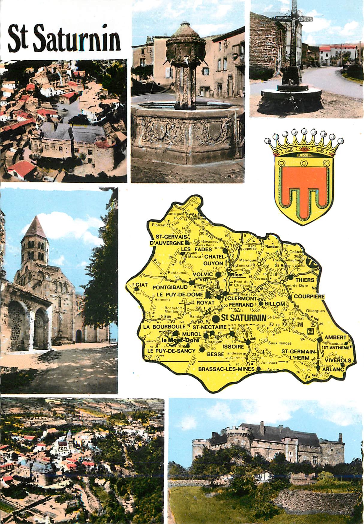 St Saturnin — vue aérienne du château et de l'église, la fontaine, la chapelle pré-romane — reproduction de l'artiste Robert D.E.M. n°63649