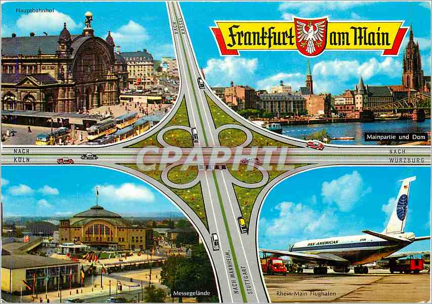 Frankfurt am Main — vue panoramique avec gare, pont, aéroport et rond-point — éditeur Michel & Co.
