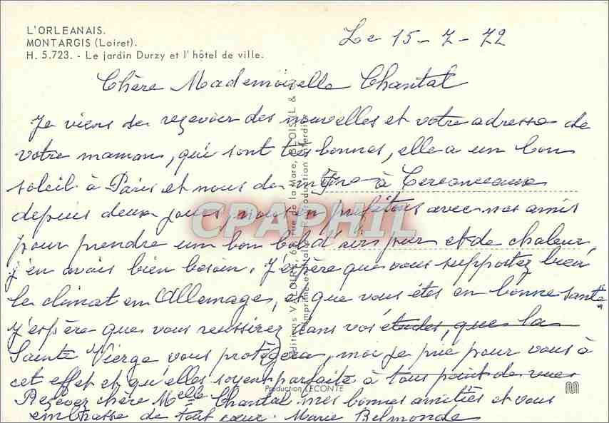 CPM L'Orleanais Montargis (Loiret) Le jardin Durzy et l'hotel de ville — Verso
