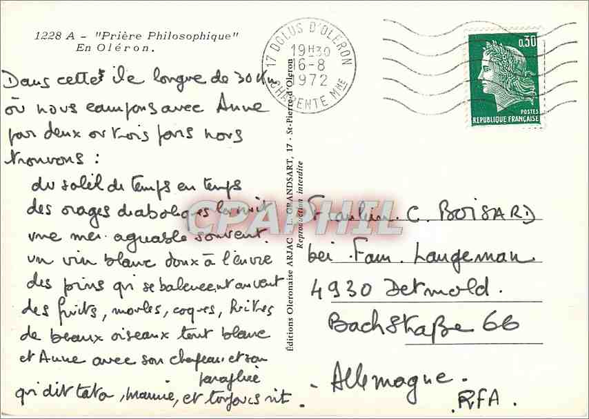 Prière d'Oleron — édition des Éditions Oleronaises — ARJAC — Rückseite