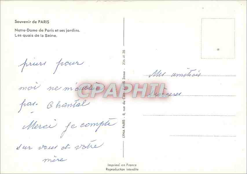 CPM Souvenir de Paris Notre D de Paris et ses jardins les quais de la Seine — Rückseite