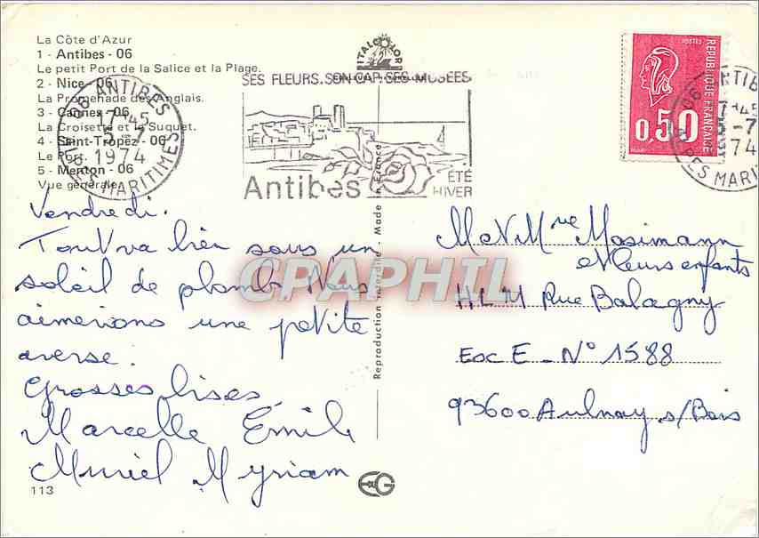 CPM Antibes La Cote d'Azur le petit Port de la Salice et la PLage — Verso